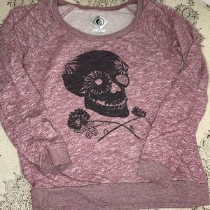 Volcom stone pullover graphic print sweatshirt, scoop neck, burgundy red L large